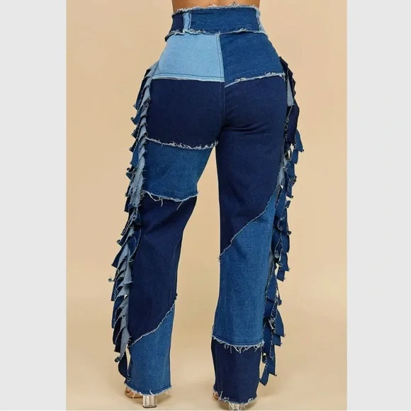 Fringe Drama Patchwork Jeans – High Waist Flare Denim in Plus Sizes - Picture 4 of 6